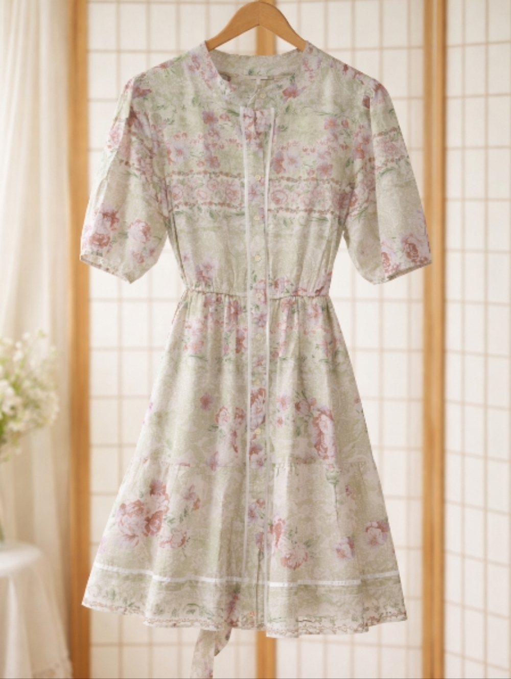 Lea` Cotton Puff Sleeve Floral Midi Dress